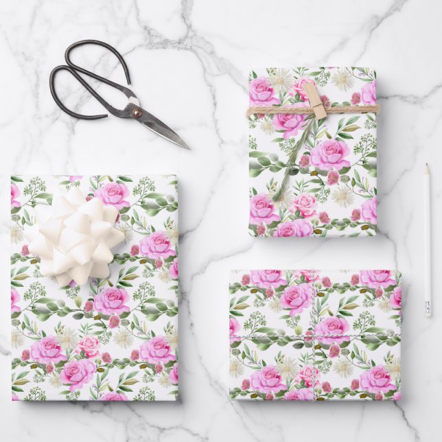 elegant pink rose daisy Wedding tiled Wrapping Paper Sheets (Front)