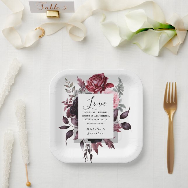 Elegant Pink Rose Dark Grey Leaves Bible Wedding Paper Plates (Wedding)
