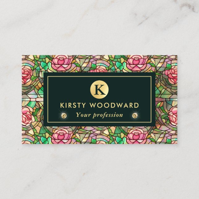 Elegant Pink  Rose Faux Stained Glass Pattern Business Card (Front)