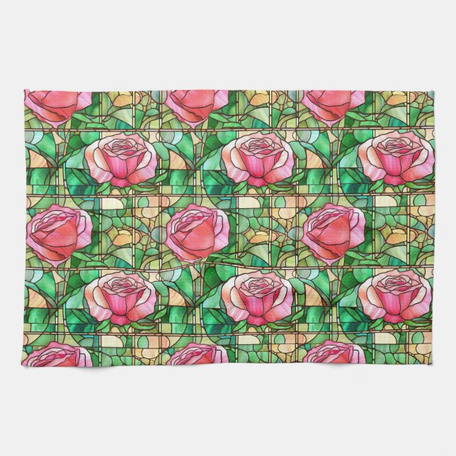 Elegant Pink Rose Faux Stained Glass Pattern Kitchen Towel (Horizontal)