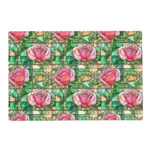 Elegant Pink Rose Faux Stained Glass Pattern Placemat