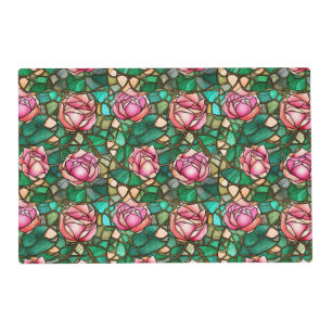 Elegant Pink Rose Faux Stained Glass Pattern Placemat