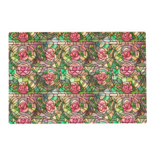 Elegant Pink Rose Faux Stained Glass Pattern Placemat