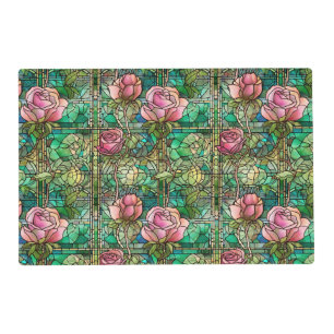 Elegant Pink Rose Faux Stained Glass Pattern Placemat