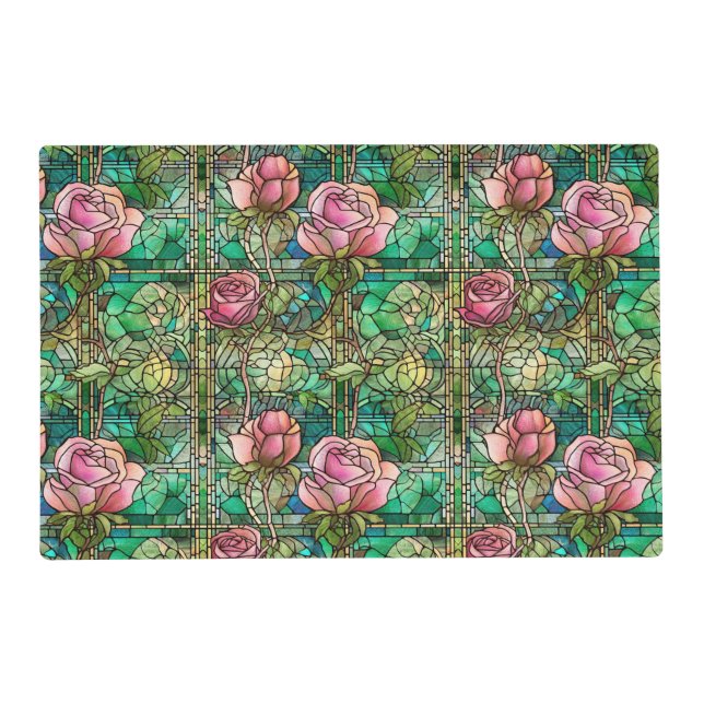 Elegant Pink Rose Faux Stained Glass Pattern Placemat (Front)
