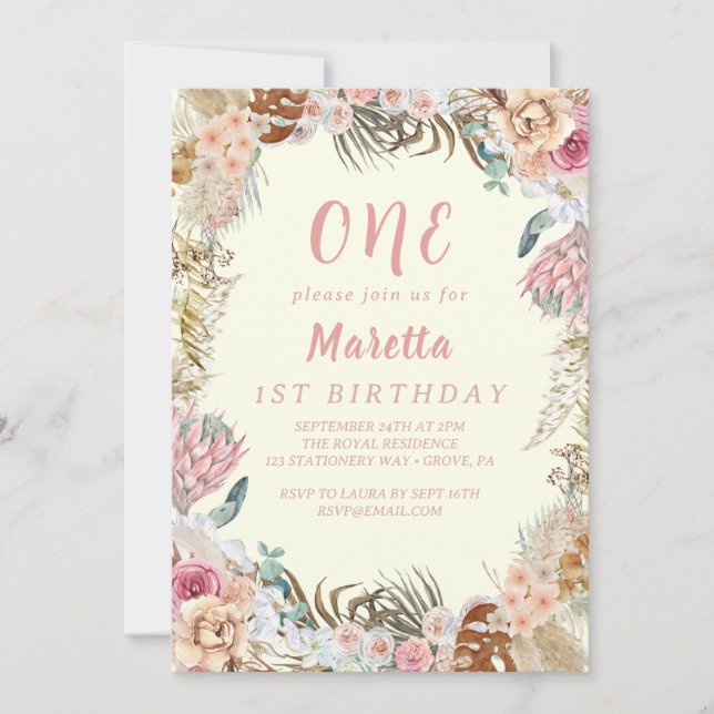Elegant Pink Rose First Birthday Party  Invitation (Front)