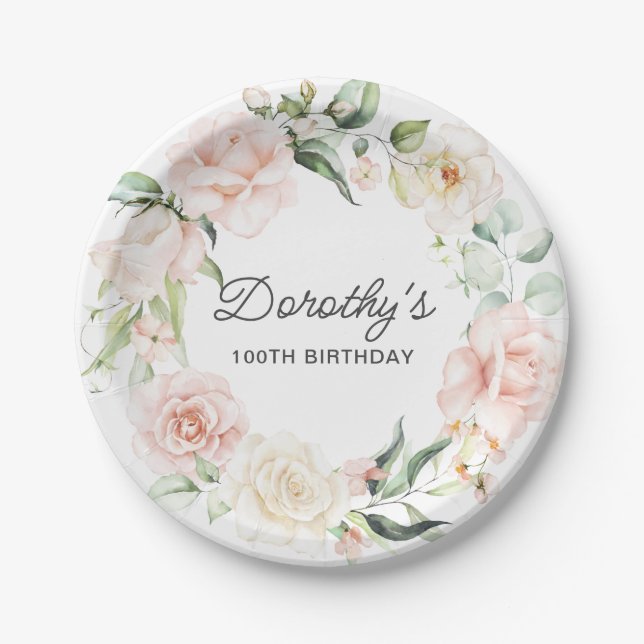 Elegant Pink Rose Floral 100TH Birthday Paper Plates (Front)