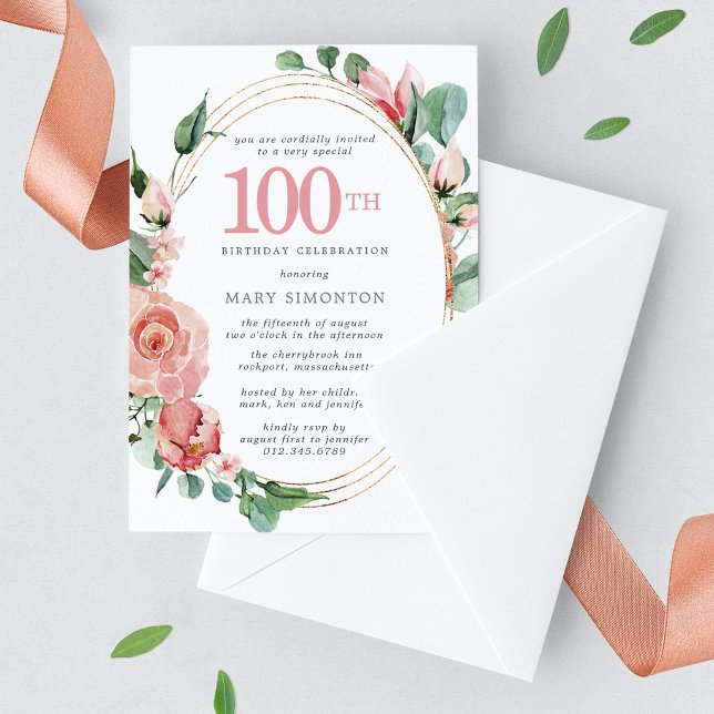 Elegant Pink Rose Floral 100th Birthday Party Invitation
