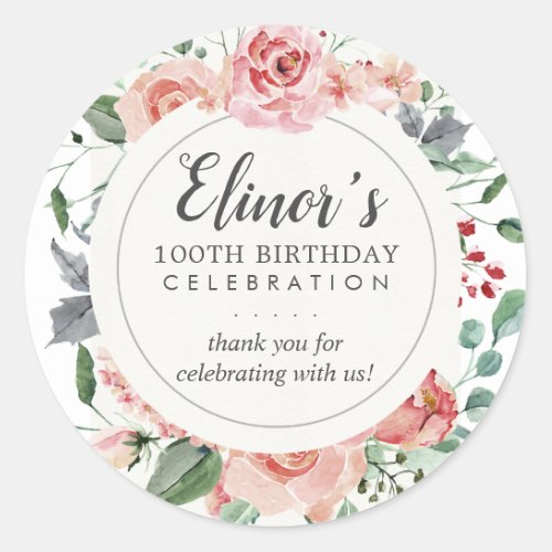 Elegant Pink Rose Floral 100th Birthday Thank You Classic Round Sticker