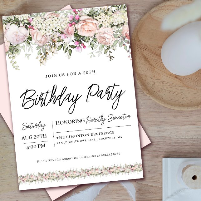 Elegant Pink Rose Floral 30th Birthday Invitation (Matching welcome signs, other party supplies available. Message me for help finding them!)