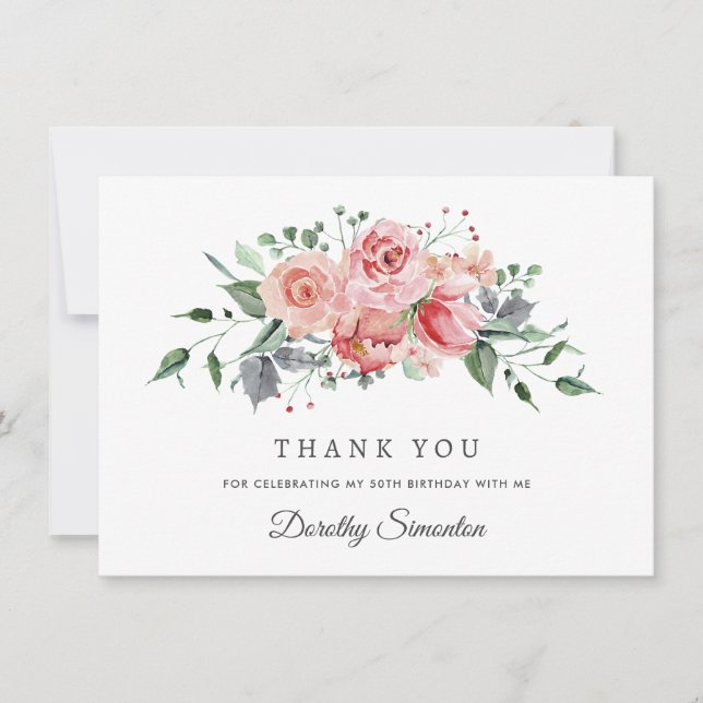 Elegant Pink Rose Floral 50th Birthday Flat Thank You Card (Front)