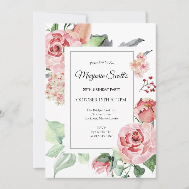 Elegant Pink Rose Floral 50th Birthday Party Invitation (Front)