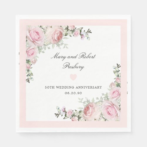 Elegant Pink Rose Floral 50th Wedding Anniversary Napkins