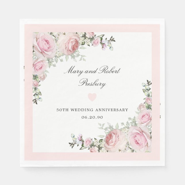 Elegant Pink Rose Floral 50th Wedding Anniversary Napkins (Front)