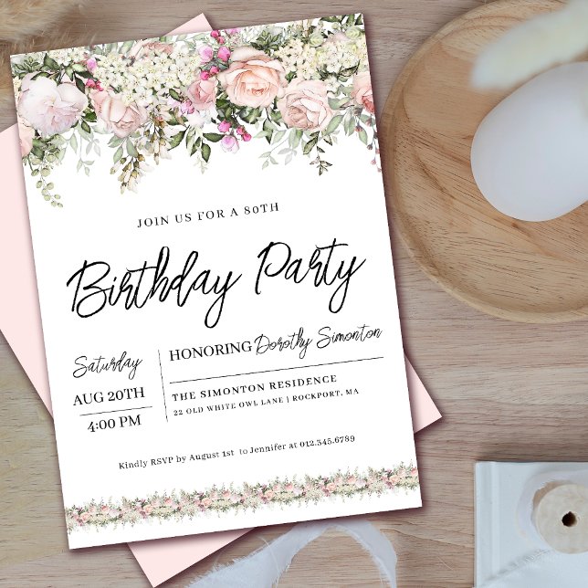 Elegant Pink Rose Floral 80th Birthday Invitation (Matching welcome signs and party decor available. Message me for help finding them!)