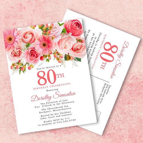 Elegant Pink Rose Floral 80th Birthday Invitation Postcard