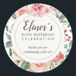 Elegant Pink Rose Floral 80th Birthday Thank You Classic Round Sticker<br><div class="desc">So pretty. Decorate your party favors with this pink rose floral sticker. The birthday woman's name is written in a modern script font. 80th Birthday Celebration is written in a classic font combination. The thank you sentiment can be personalized. It is written in a pretty script text. A light gray...</div>