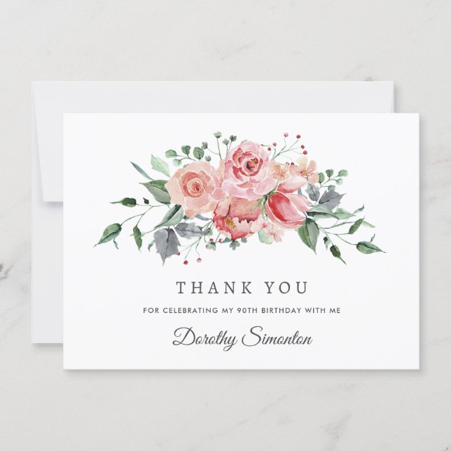 Elegant Pink Rose Floral 90th Birthday Flat Thank You Card (Front)