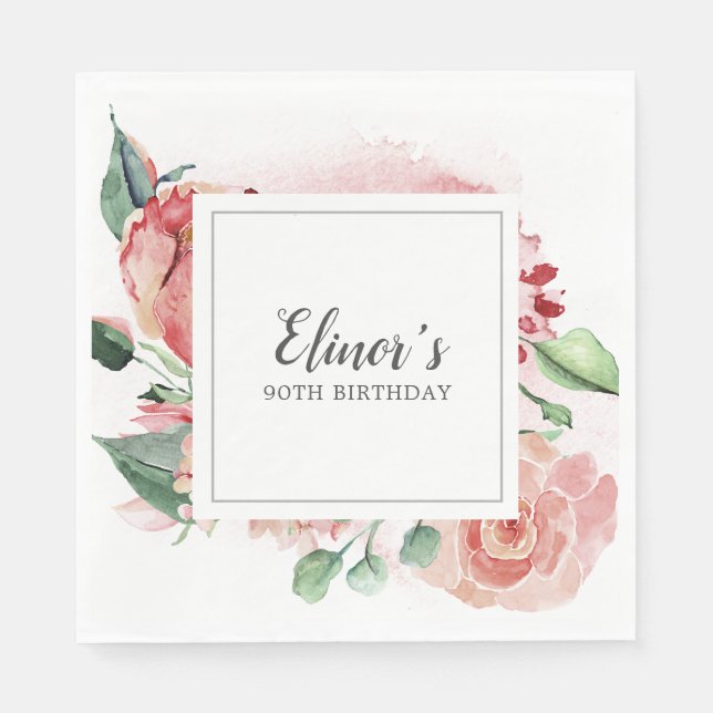 Elegant Pink Rose Floral 90th Birthday Napkins (Front)