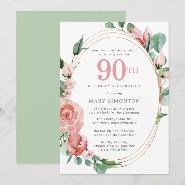 Elegant Pink Rose Floral 90th Birthday Party Invitation (Front/Back)