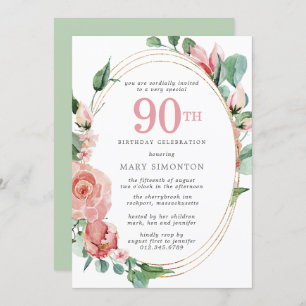 Elegant Pink Rose Floral 90th Birthday Party Invitation