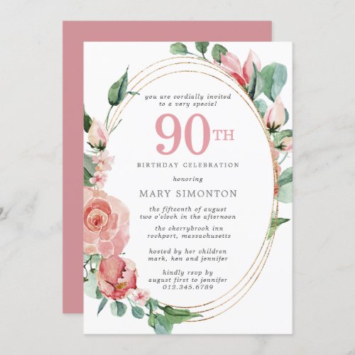 Elegant Pink Rose Floral 90th Birthday Party Invitation