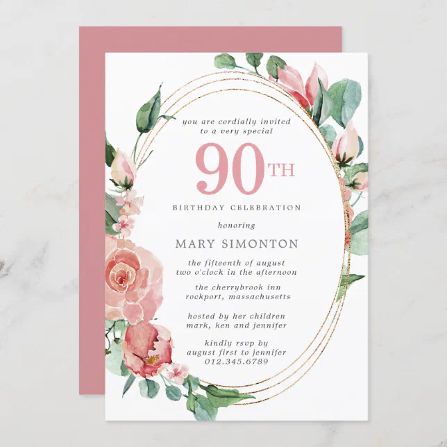 Elegant Pink Rose Floral 90th Birthday Party Invitation | Zazzle