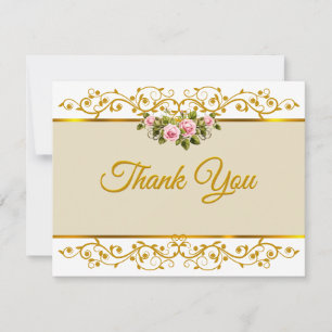 Elegant Pink Rose Floral and Gold "Thank You" Note Card