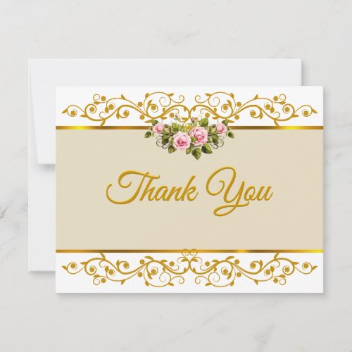 Elegant Pink Rose Floral and Gold "Thank You" Note Card
