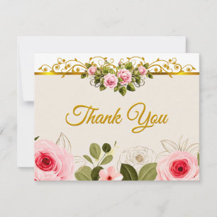 Elegant Pink Rose Floral and Gold "Thank You" Note Card