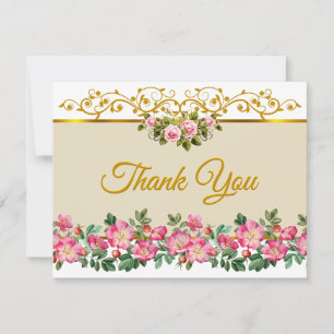 Elegant Pink Rose Floral and Gold "Thank You" Note Card