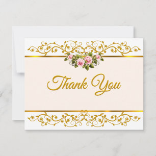 Elegant Pink Rose Floral and Gold "Thank You" Note Card