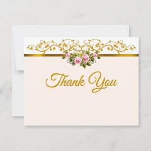 Elegant Pink Rose Floral and Gold "Thank You" Note Card