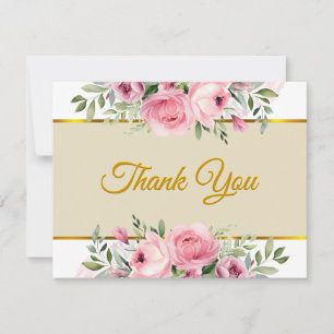 Elegant Pink Rose Floral and Gold "Thank You" Note Card