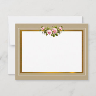 Elegant Pink Rose Floral and Modern Gold Border Note Card