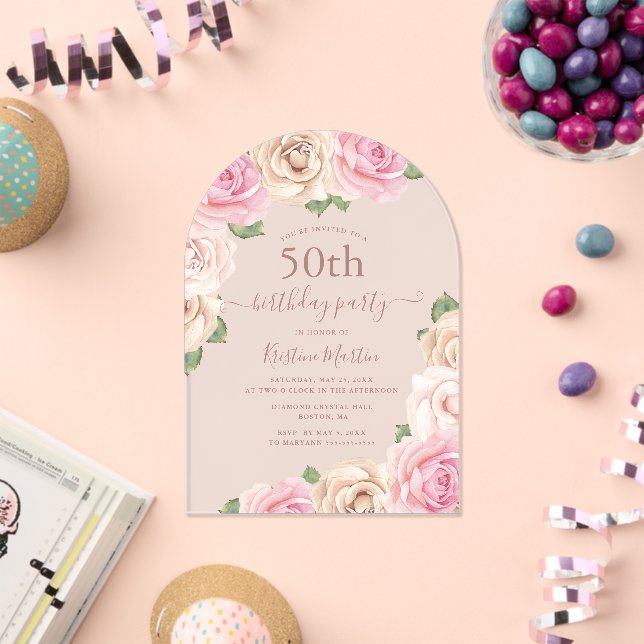 Elegant Pink Rose Floral Arch 50th Birthday Party Acrylic Invitations (Insitu (Celebration))