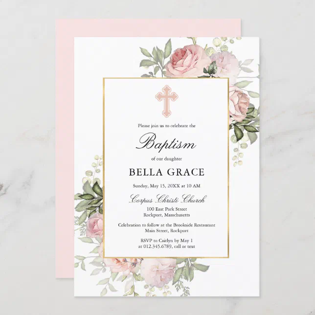 Elegant Pink Rose Floral Baptism Invitation | Zazzle