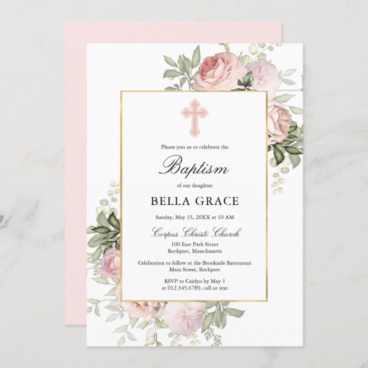 Elegant Pink Rose Floral Baptism Invitation | Zazzle