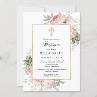 Elegant Pink Rose Floral Baptism Invitation | Zazzle