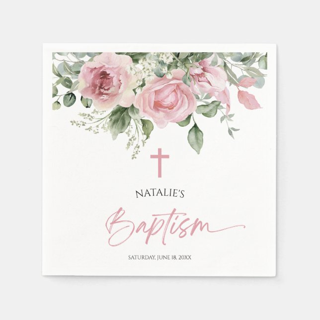 Elegant Pink Rose Floral Baptism Napkins (Front)