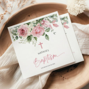 Elegant Pink Rose Floral Baptism Napkins