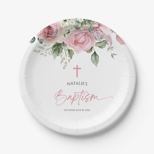 Elegant Pink Rose Floral Baptism Paper Plates (Front)