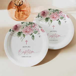 Elegant Pink Rose Floral Baptism Paper Plates