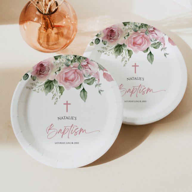 Elegant Pink Rose Floral Baptism Paper Plates (Creator Uploaded)