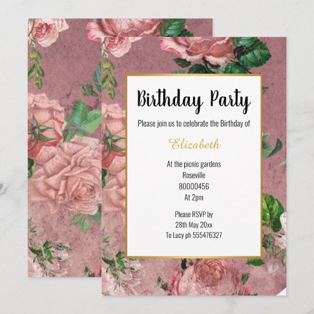 ELEGANT PINK ROSE FLORAL BIRTHDAY INVITATION (Front/Back)