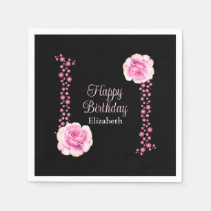 Elegant Pink Rose Floral Black Address Napkins