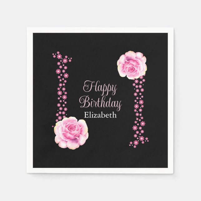 Elegant Pink Rose Floral Black Address Napkins (Front)