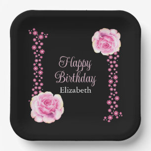 Elegant Pink Rose Floral Black Address Paper Plates