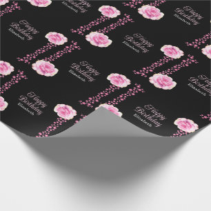 Elegant Pink Rose Floral Black Happy Birthday Wrapping Paper