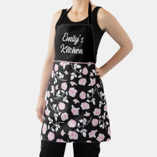 Elegant Pink Rose Floral Black Kitchen Apron